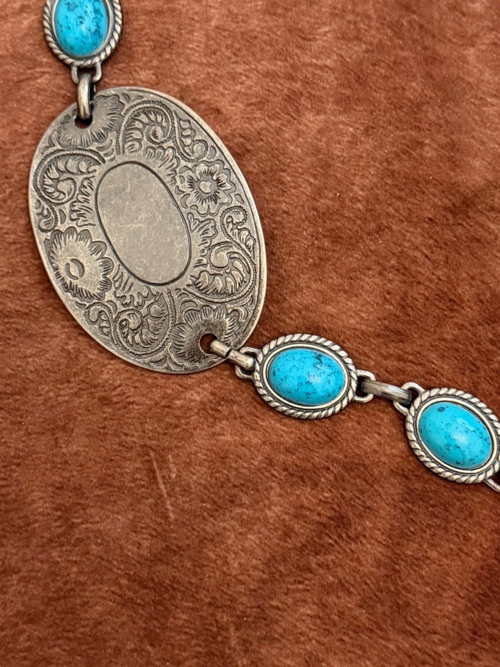 Turquoise Oval Concho Link Belt, Western Silver Hardware - Picture 3 of 8